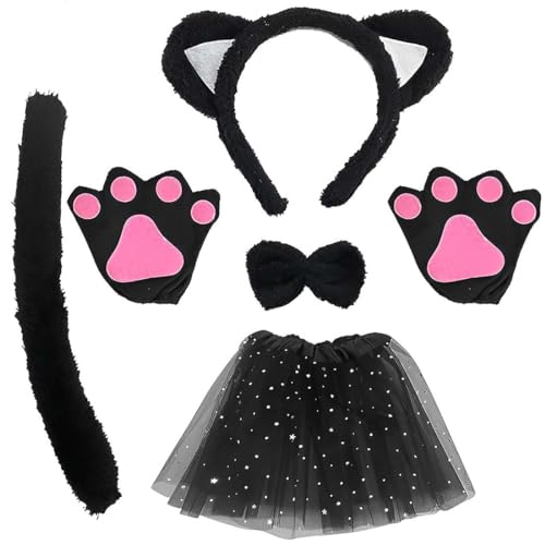 JOCXZI 5Pcs Costume Gatto Travestimento Gatto per Bambina e Adulti con Tutu Gonna Guanti Cerchietto Gatto Orecchie Cravatta Coda di Gatto Costume Halloween Carnevale per Adulti e Bambini