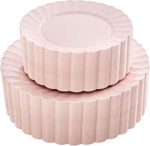 YOUBET 100PCS Pink Scalloped Plastic Plates - Heavy Duty Pink Disposable Fancy Hard Plates Include 50 Dinner Plate 50 Dessert Plate for Wedding & Party
