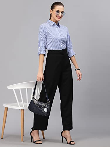 Image of Style Quotient Women Gray and White Cotton Stripe Smart Casual Shirt