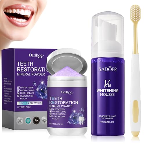 Kit Blanqueamiento Dental,Purple Blanqueador Dental 60ml + Polvo Blanqueador de Dientes 50g + cepillo de dientes,para Eliminación Profunda de Manchas,Blanqueamiento Dental