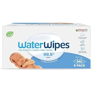 WaterWipes plastikfreie, originale Reinigungstücher für Babys, 540 Stück (9 Packungen), 99,9 % wasserbasierte Reingugnstücher, unparfümiert für empfindliche Haut