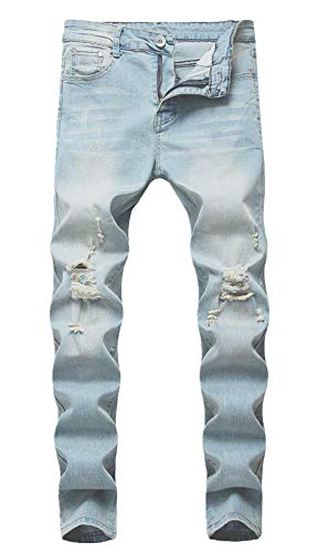 Calça jeans masculina Majirako skinny rasgada com stretch, modelagem justa, desgastada, desgastada,