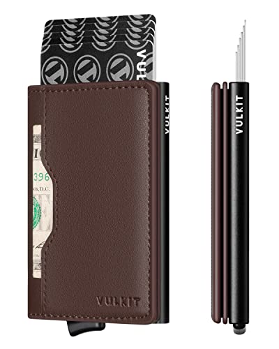 Image of VULKIT Pop up Wallet Credit Card Holder with Leather Slots RFID Blocking Metlal Bank Card Case for Men or Women(Dark Brown)
