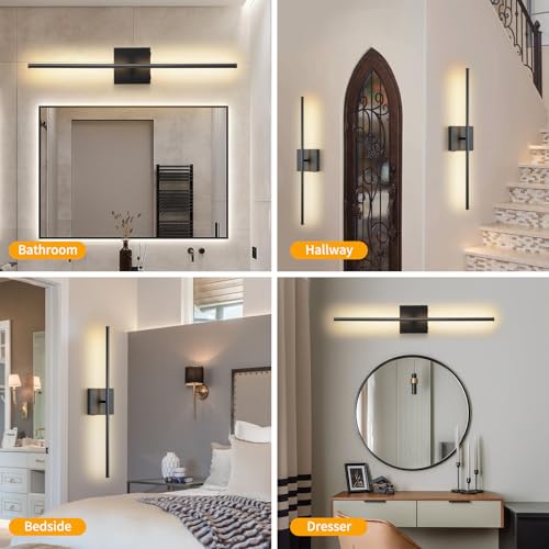 Image of Battery Operated Wall Sconces Set of Two Wireless with Remote Control,350Rotate,3000K-6000K Black Modern LED Rechargeable Indoor Wall Lights for Living Room,Bedroom,Stairs,27.5 Inch (2 Pack)