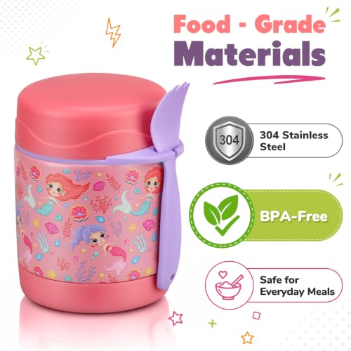 Image of 10oz Soup Thermo for Hot Food Kids,Lunch Thermo Kids Food Jar with Spoon Hot Insulated Food Containers,Leak Proof Stainless Steel Wide Mouth Lunch Thermo Jar for School(Pink-Mermaid)