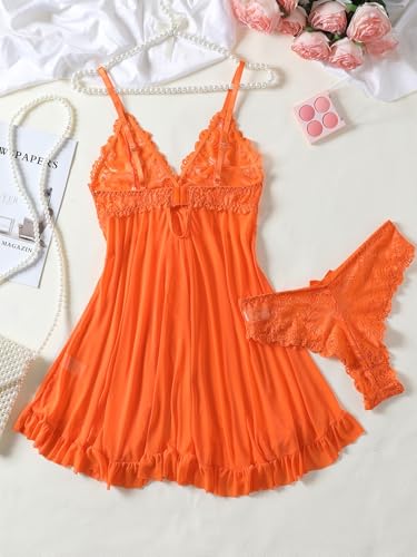 Image of Foxiny Sexy Ruffle Sheer Mesh Lace Wireless Babydoll Lingerie Dress with Thong 2 Piece