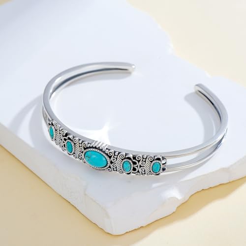 Genuine Turquoise Bracelet Bangle 925 Sterling Silver Turquoise Gemstones Boho Vintage Southwest Style Bracelet for Women Adjustable Bangle Cuff Jewelry for Birthday3