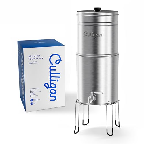 Image of Culligan MaxClear 2.25 Gallon Gravity Water Filter System, Brushed Stainless-Steel Countertop Water Filter NSF /ANSI Certified to Reduce Microplastics, Lead & Total PFAS, with 2 Ceramic Filters