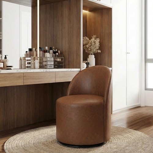 Image of HNY Upholstered Kitchen & Dining Room Barrel Chair, Mid Century Modern Round Leather Dining Chair, 360 Degree Swivel Comfy Armless Accent Makeup Vanity Side Chair for Bedroom Living Room, Brown
