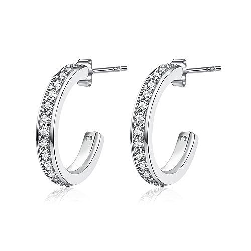 Pendientes de Plata de Primera Ley (S925) Semi Aros Decorados con una Perfecta Línea de Circonitas Brillantes. Pendientes Acabados en Plata o Baño Oro 18K. Joyería para mujer. (Baño en plata)