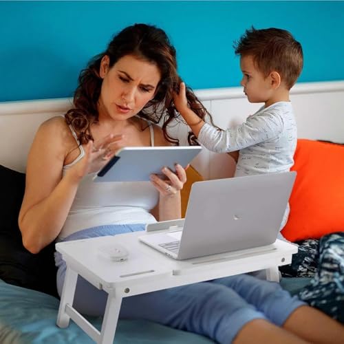Image of WOOYNEX Wooden Laptop Table Standard Adjustable Study Table with Laptop, Portable Lap Desk, Multifunctional Bed Table with Drawer and Folding Legs (White)