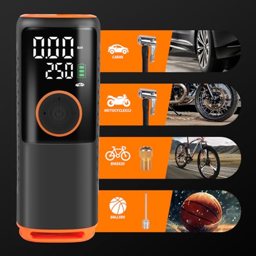Image of Rechargeable Cordless Tire Inflator - 150 PSI Gauge Portable Air Compressor with 3 Needles, Electric Air Pump for All Sports Balls, Car, Bike, Motorcycle