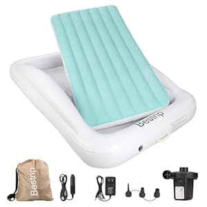 Bestrip Inflatable Toddler Travel Bed, Portable Kids Air Mattress with Electric Air Pump Toddler Blow Up Bed for Camping Road Trip Sleepover