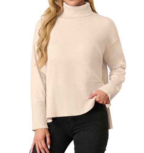 IWOLLENCE Jersey de cuello alto para mujer, punto acanalado, cuello redondo, suéteres de ganchillo con abertura, beige, L