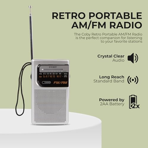 Image of Coby Portable AM /FM Radio - Retro Battery Operated Pocket Radio with Powerful Speakers, Long 800-Hour Battery, Clear Reception, Emergency & Travel Transistor Device for Home or Outdoors