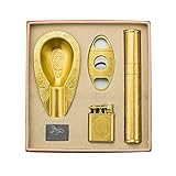 BIGWHEAT88 銅葉巻4点セット 2ジェットブタントーチライター ダブルブレードシガーカッター トラベル灰皿 シングルシガーヒュミドール (ガスなし),Gold