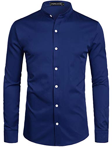 PARKLEES Camisa de manga larga con cuello alto para hombre, color liso, corte ajustado, estilo informal, para negocios, azul marino, L