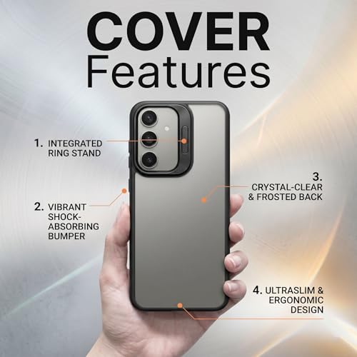 Image of amazon basics Frosted Matte Case for Samsung Galaxy A55 5G | Built-in Flip-Out Camera Lens Stand | Translucent Back with Contrast Black Bumper | Shockproof Protective Cover with Foldable Kickstand