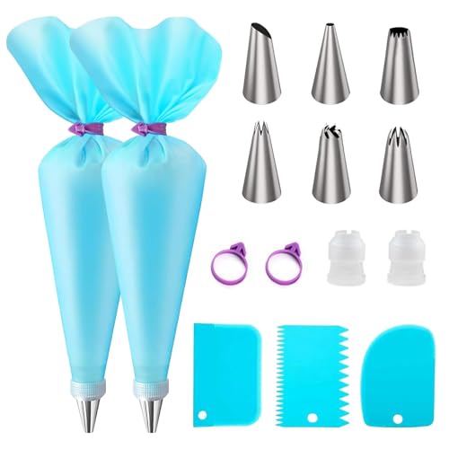 Piping Bags and Nozzles Set – 15-Piece Reusable Icing Piping Kit with Stainless Steel Tips, Cake Piping Kit for Cupcake & Cookie Decorating, Silicone Piping Bags for Frosting, Pastry Tools