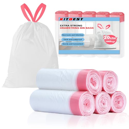 Kitbest   Bolsas de basura con cordón, 20L x 100 unidades, biodegradables, con pedal, bolsas de basura pequeñas, para cocina, baño, oficina (50 X 60cm)