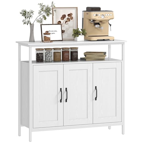 HOMCOM Aparador 3 Puertas, Aparador para Salón Industrial, con Compartimento Abierto, Estantes Ajustables, para Comedor, Entrada, Dormitorio, Blanco, 100x35x88 cm