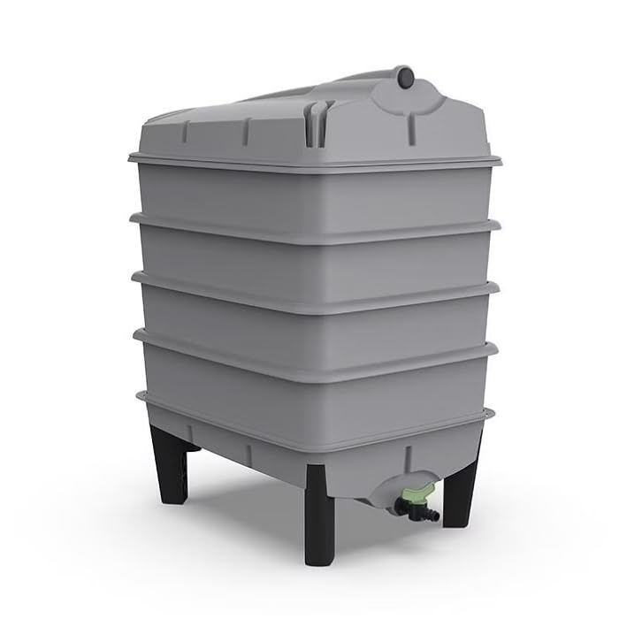 Tiger Wormery 4 Tray Worm Composter Stone Grey Garden Compost Bin - Food Waste Recycling with Stackable Trays Built In Liquid Fertiliser Tap Digital User Manual - EXCLUDES TIGER WORMS