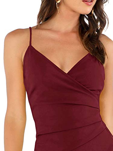 Verdusa Women's Sexy Ruched Side Asymmetrical V Neck Bodycon Cami Dress Burgundy S #TOP2
