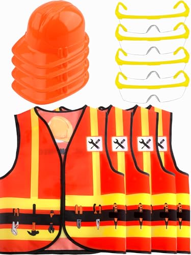 Puteraya 12 Pcs Kids Construction Worker Costume Dress Up Clothes include Construction Vest Hard Hat Goggles for Kids Career Day Halloween Dress up (Color Style 2)