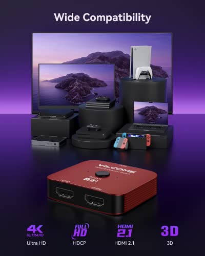 Vilcome Hdmi 2.1 Switch, 4K 120Hz Hdmi Switcher Ultra Hd 8K Hdmi Splitter 2 In 1 Out 48Gbps Hdmi Hub Support Hdr 8K@60Hz, 4K@144Hz, 2K@240Hz For Ps4/Ps5 Xbox Roku Apple Tv Fire Stick Red #TOP5