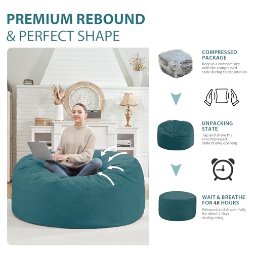4FT Bean Bag Chair, Large Bean Bag Chairs with Memory Foam Filled, Fluffy Beanbag Sofa with Dutch Velvet Cover, Round BeanBag Chairs for Living Room, Playroom - Sea Blue
