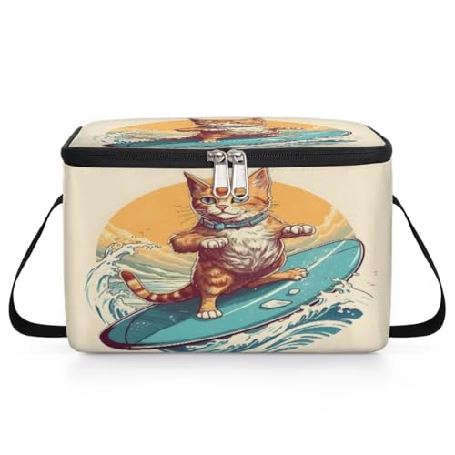 GzLeyigou Surfing Cat Lunch Bags for Women Men 9 Cans, Hot & Cold Food Delivery Bag Insulated Grocery Bag Insulated Lunch Box Cat Cooler Bag for Office Work Picnic Beach