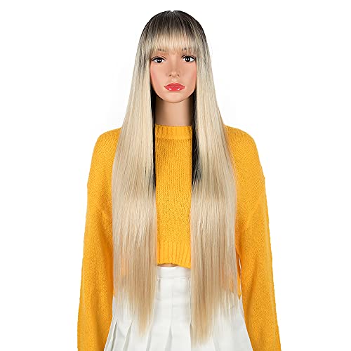NOBLE Ombre Blonde Wigs with Bangs for Women Long Straight Wigs with Air Bangs Heat Resistant Synthetic Fiber Wigs for Daily Party Cosplay Costume Wigs
