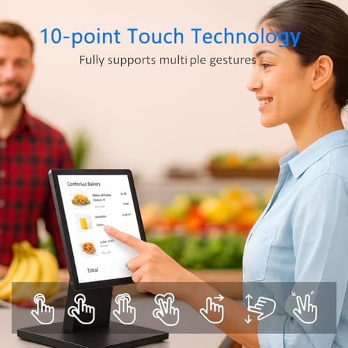 Image of ANGEL POS 12 inch Touch Screen Monitor, 1366x768 HD POS Display with HDMI & VGA, Splash-Resistant Front, Adjustable Metal Stand, Ideal for Customer Display, Checkout Counter, or POS Terminal