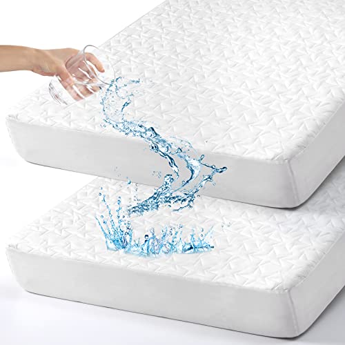 Image of ACRABROS Crib Mattress Protector, 2 Pack Waterproof Toddler Crib Mattress Pads, Universal Fit Quilted Mattress Cover for Boys Girls,Ultra Soft,White