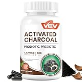 VEV Activated Charcoal Capsules 1200mg with Organic Coconut Shell, Probiotics & Prebiotics – 120 Travel-Size Capsules – Vegan, Gluten-Free, Non-GMO
