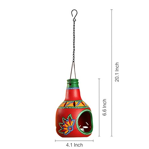 Image of ExclusiveLane 'The Earthern Bottle' Terracotta Hanging Tea Light Holder (Set of 1, Red, Hand-Painted) | Decorative Tea Lights Holder Hanging Votive Candle Holder Tea Light Candle Holders