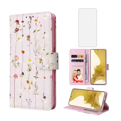 Coque Samsung S22 Plus Asuwish avec étui portefeuille à rabat motif fleur et verre trempé