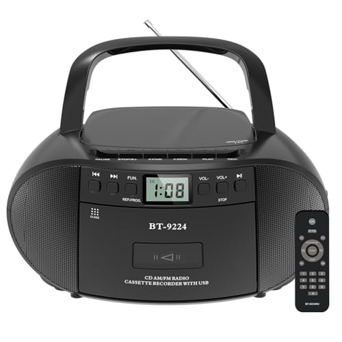 Reproductor portátil de CD y cassette, Bluetooth Boombox con reproducción USB, radio AM/FM, control remoto, CA/batería