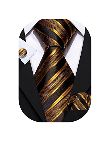 Barry.Wang Gold Tie Sets for Men Silk Stripe Necktie Woven Checkered Handkerchief Cufflinks Formal Business Wedding