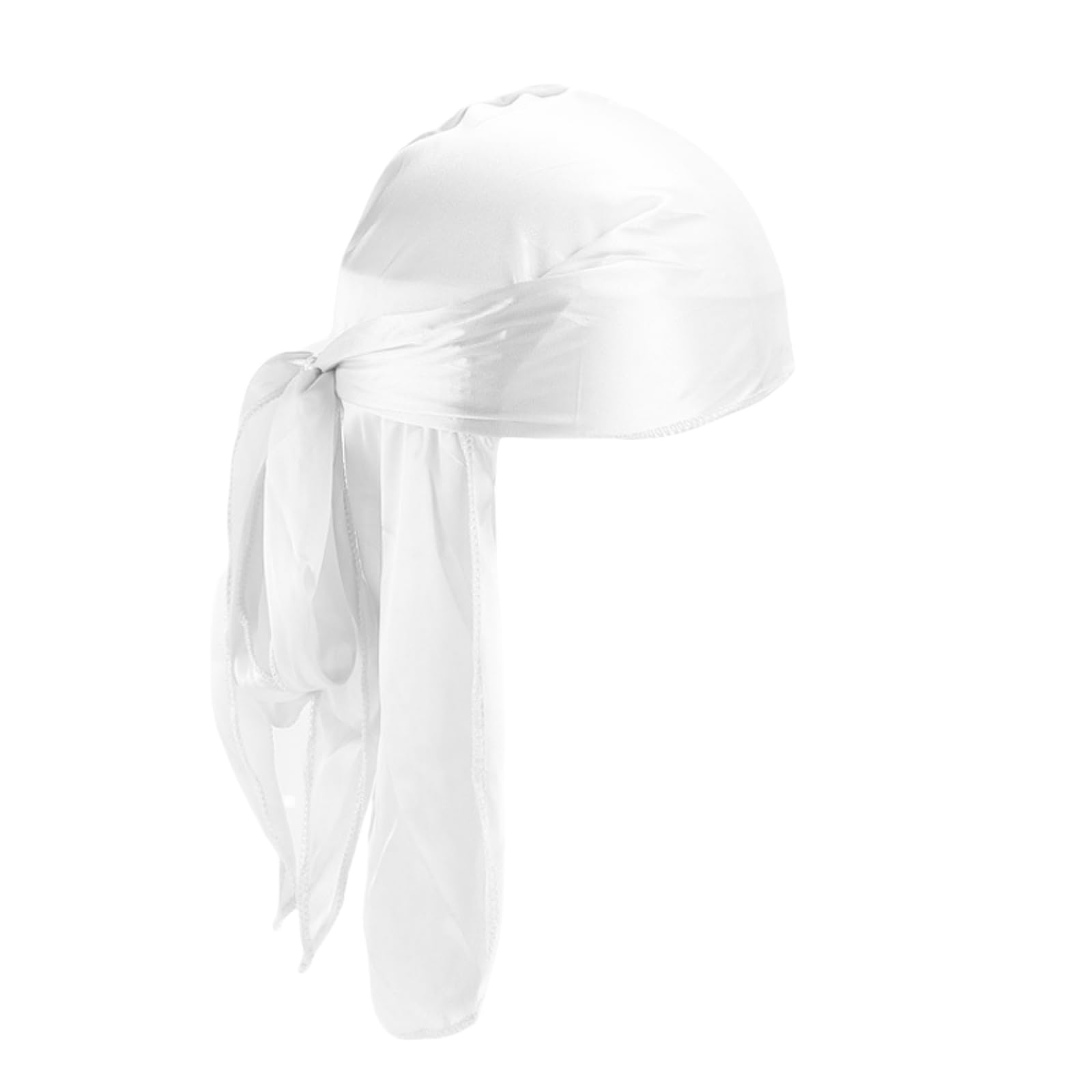 Men Women Stretchable Luxury Wave Cap Extra Long-Tail Headwrap, Silky Satin Pirate Style Bandana (White, Freesize)
