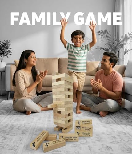 Image of Wooden Tumbling Tower Game for Kids - Beige Activity Tower Blocks 54 Blocks Stacking Game | Educational Toy, Family Game, Kids Learning Activity
