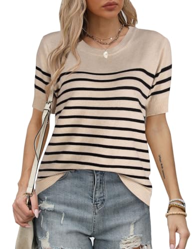 Womens 2025 Striped Tops Sweater Loose Knit Lightweight Short Sleeve Pullover Sweater Shirt