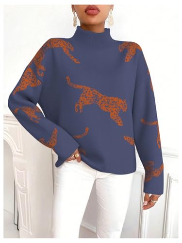 Image of WDIRARA Women's Leopard Tiger Print Sweater High Neck Long Sleeve Fuzzy Knitted Pullover Top