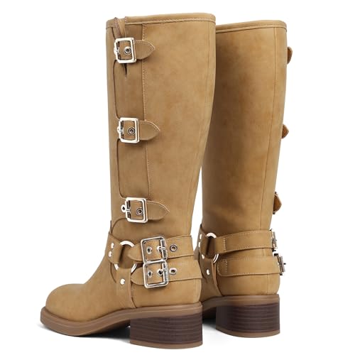 Image of AMINUGAL Knee High Boots Women Square Toe Pull On Wide Calf Riding Fashion Buckles Chunky Metallic Casual Vintage Buckle Rivet