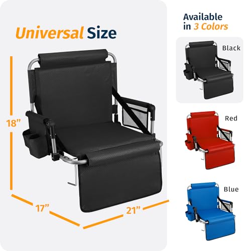 Alpcour Folding Stadium Seat with Back Support – Deluxe Waterproof Cushion Chair for Bleachers w/Arm Rests, Storage Pockets, Cup Holder & Shoulder Straps for Superior Support & Comfort