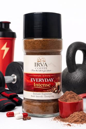 Image of IRVA Everyday Intense Strong Instant Coffee | Agglomerated Granules | Bold, Full-Bodied Taste with Rich Aroma | Crafted for an Active Lifestyle - Ideal for Gym, Fitness, Yoga, Dance & Pre /Post Workout Boost | Perfect for Black & Milk Coffee | 100 g | Makes 40-50 Cups