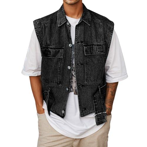 MODSGUE Chaleco de mezclilla para hombre, sin mangas, para tiempo libre, verano, vaquero, chaleco para moto, senderismo, tallas ajustadas, Negro , M