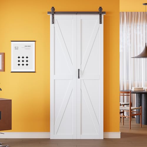 Puerta plegable tipo granero 40" x 84" con paneles prearmados y herraje de riel de 44" | Puertas plegables con núcleo sólido en forma K, puertas terminadas resistentes al agua para clóset o despensa, instalación fácil miniatura 2