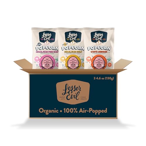 Image of LesserEvil Organic Popcorn Variety Pack, Himalayan Pink Salt (4.6 oz Bag), Himalayan Gold (4.6 oz Bag), and White Cheddar Flavor (4.6oz Bag)