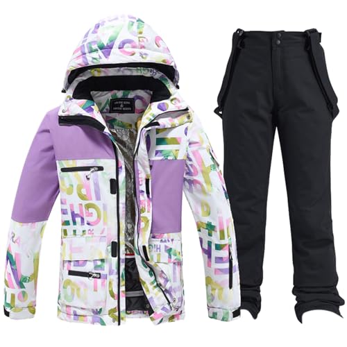 Generisch Traje de esquí para mujer, juego de 2 piezas: chaqueta de esquí y pantalones de esquí, ropa de esquí cálida, a prueba de viento, traje de esquí de tallas grandes, mono de esquí, impermeable